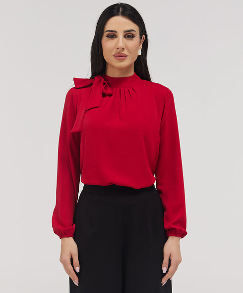 Neck Bow Attached Long Sleeve Top